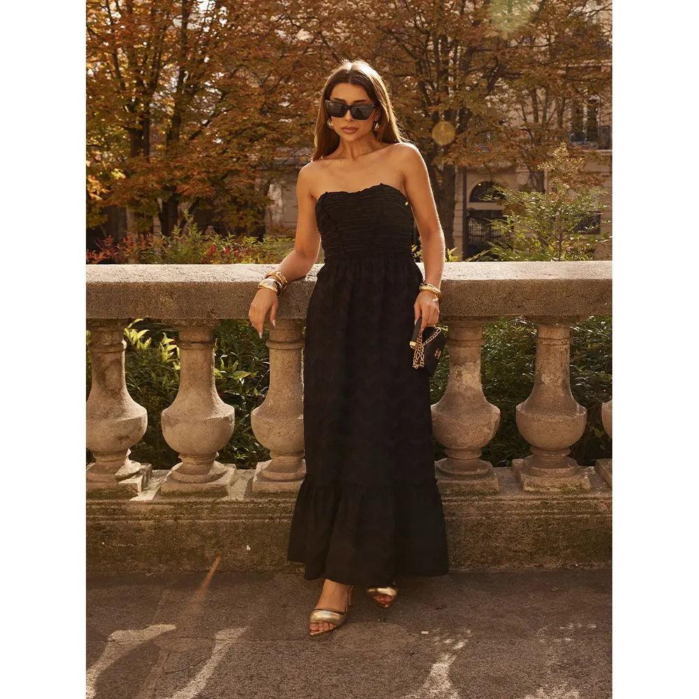 drape geometric black dress strapless