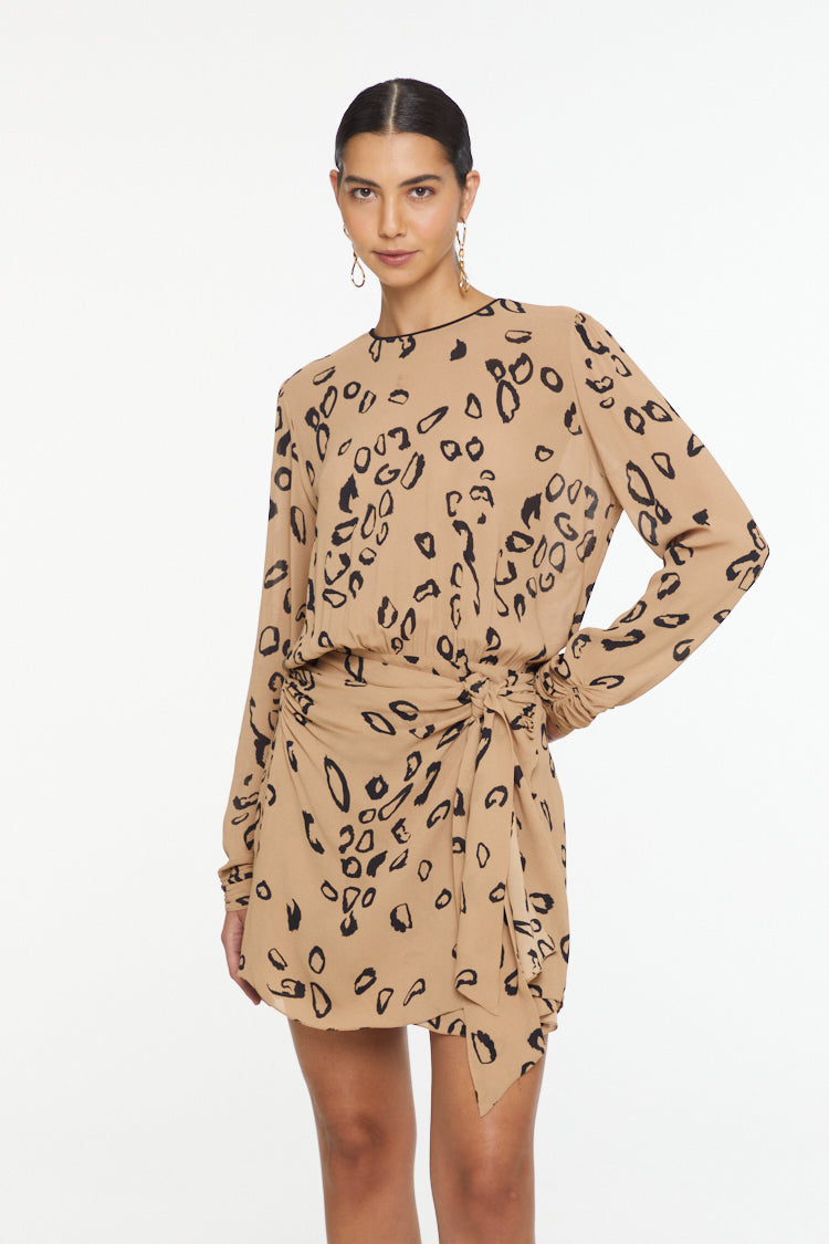 Short Dress With Overlapping Skirt and Tie At The Waist- Leopard Print