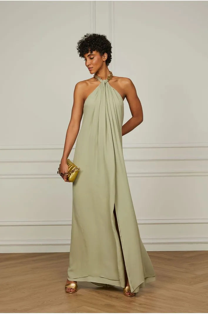 Long Green Yura Halter Dress With Metal On The Neck