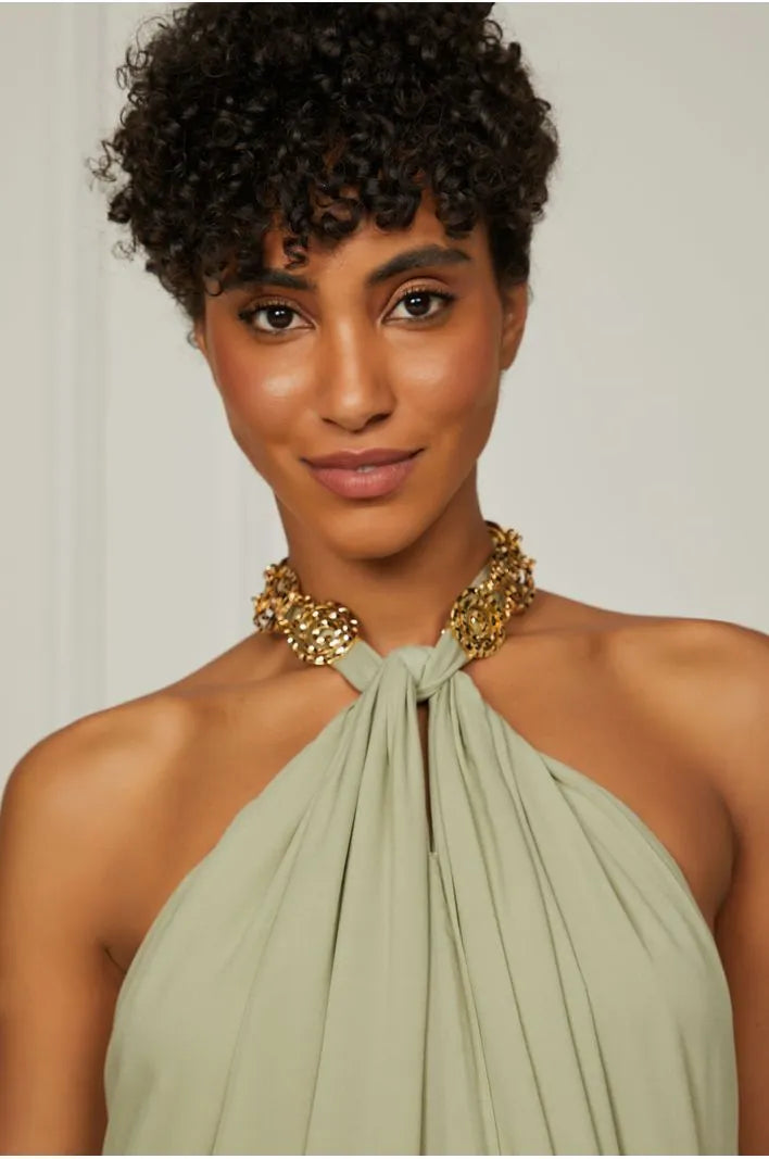 Long Green Yura Halter Dress With Metal On The Neck