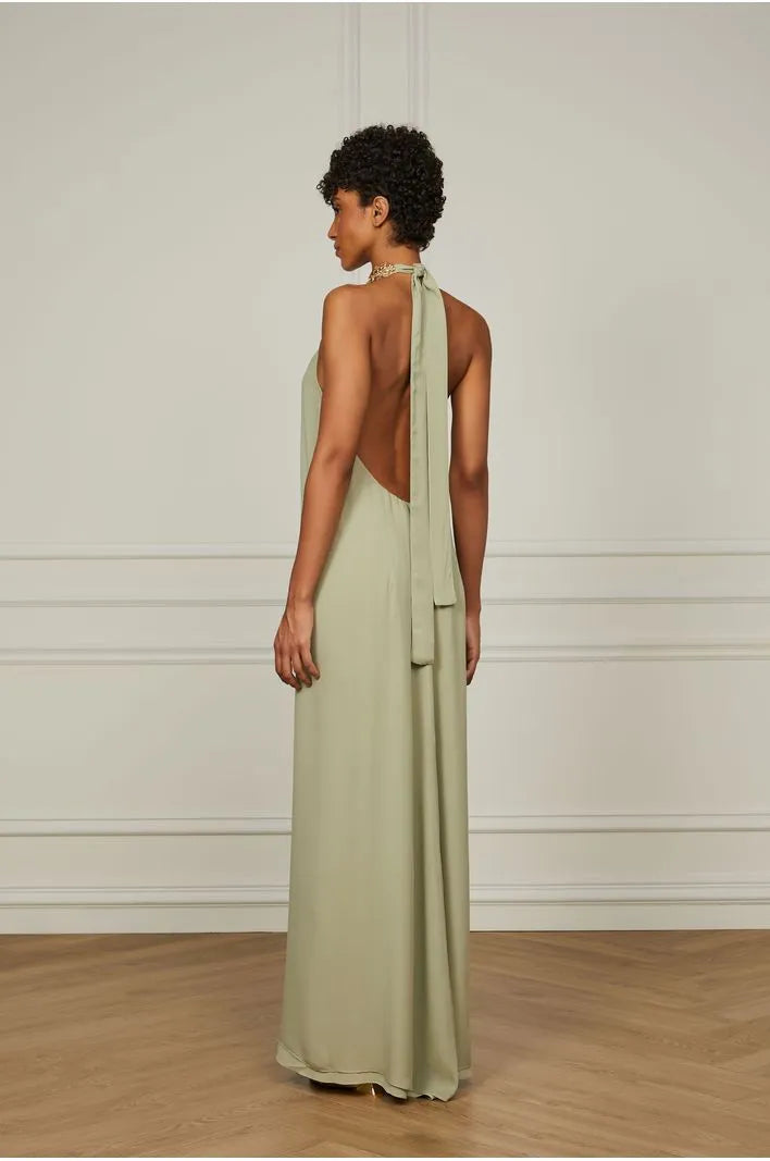 Long Green Yura Halter Dress With Metal On The Neck