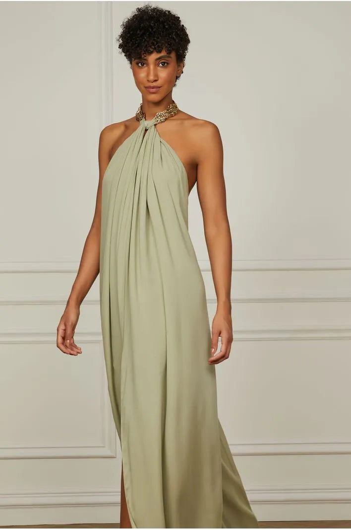 Long Green Yura Halter Dress With Metal On The Neck