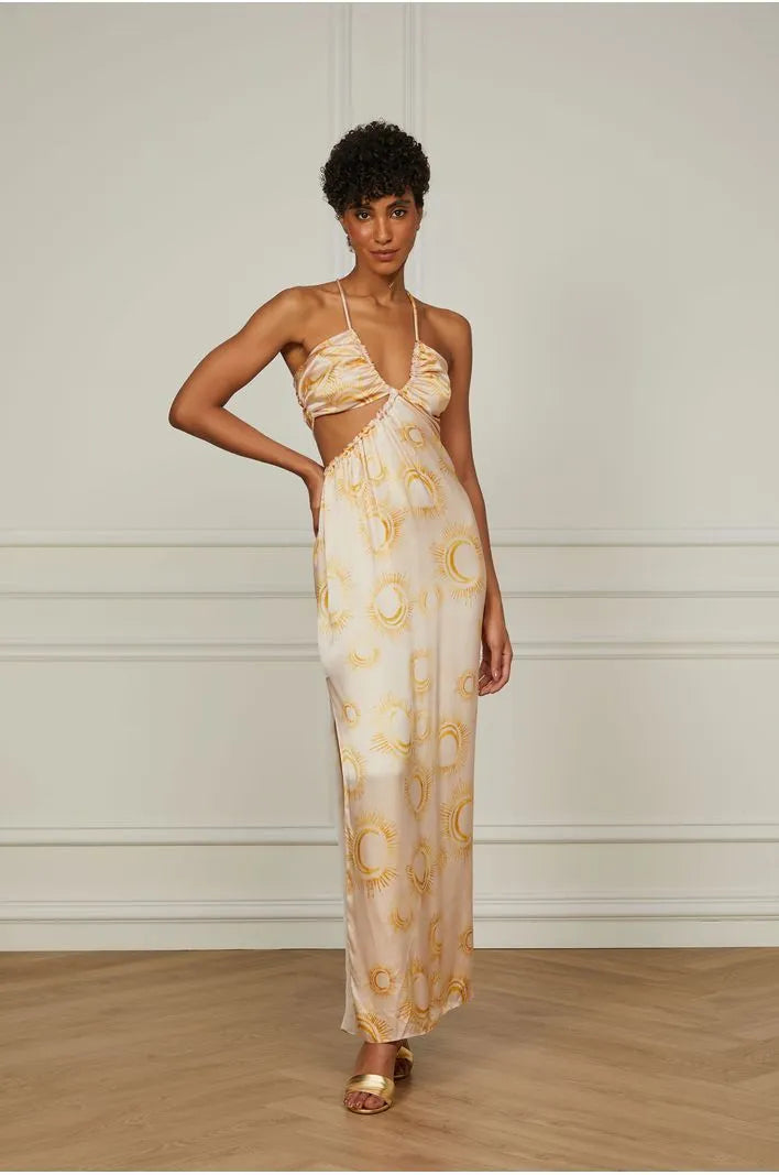 Long Printed Silk Dress With Open Back