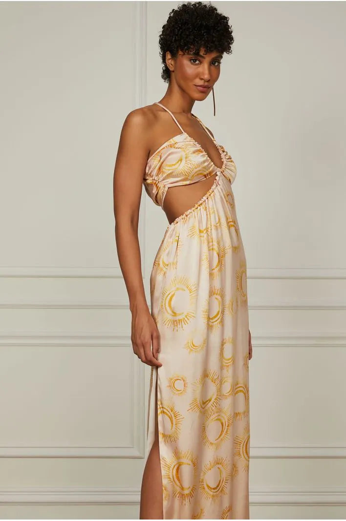 Long Printed Silk Dress With Open Back