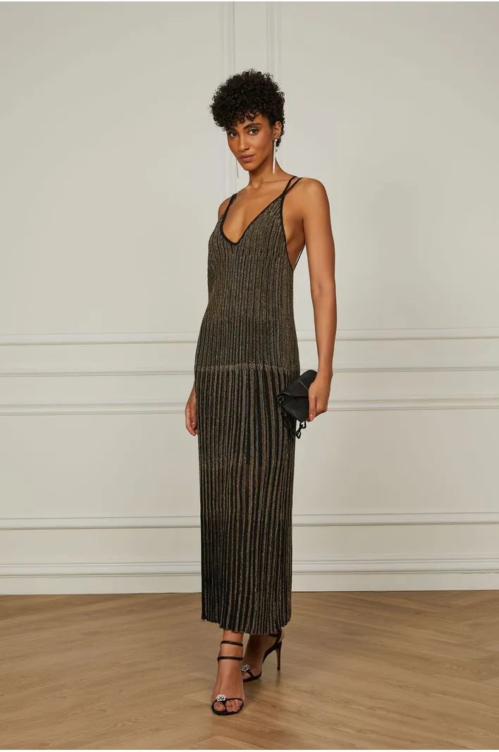 Long Knit Dress With Vertical Stripes Lurex Gold