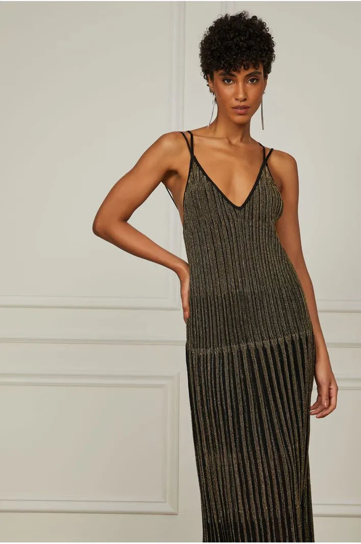Long Knit Dress With Vertical Stripes Lurex Gold