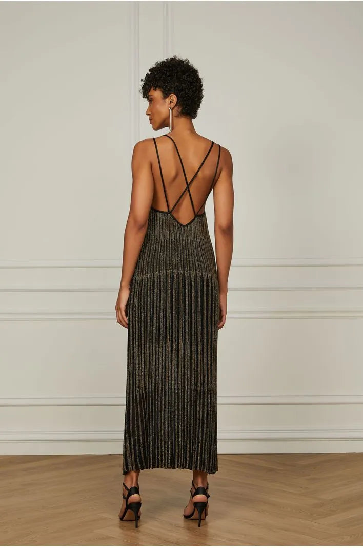 Long Knit Dress With Vertical Stripes Lurex Gold