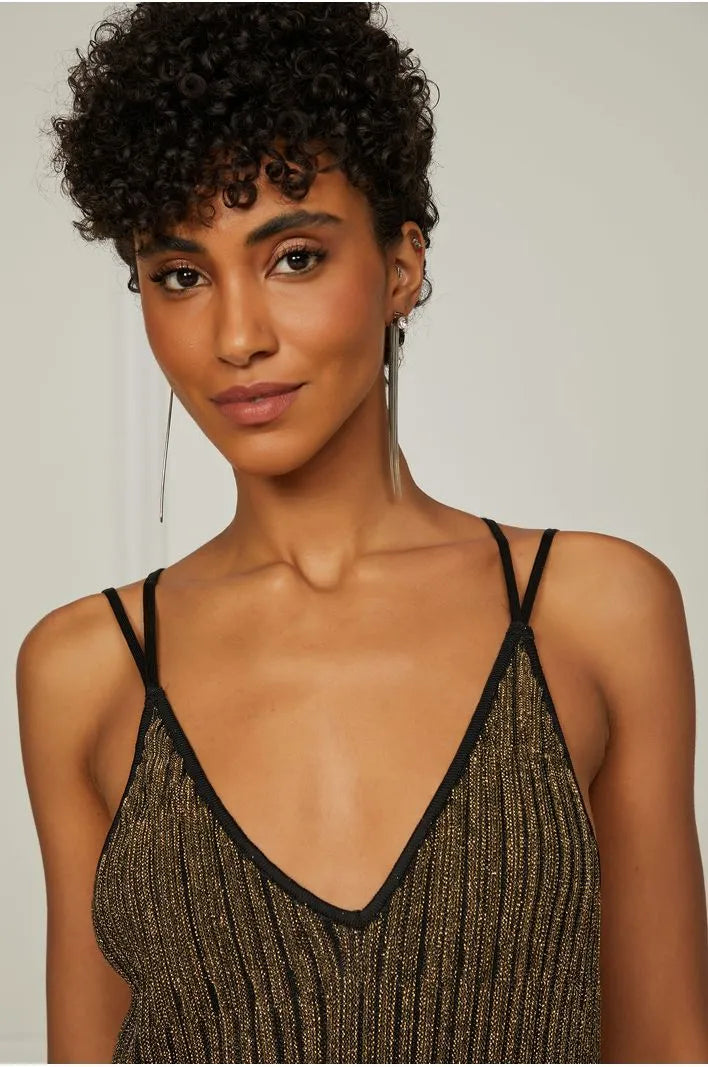 Long Knit Dress With Vertical Stripes Lurex Gold