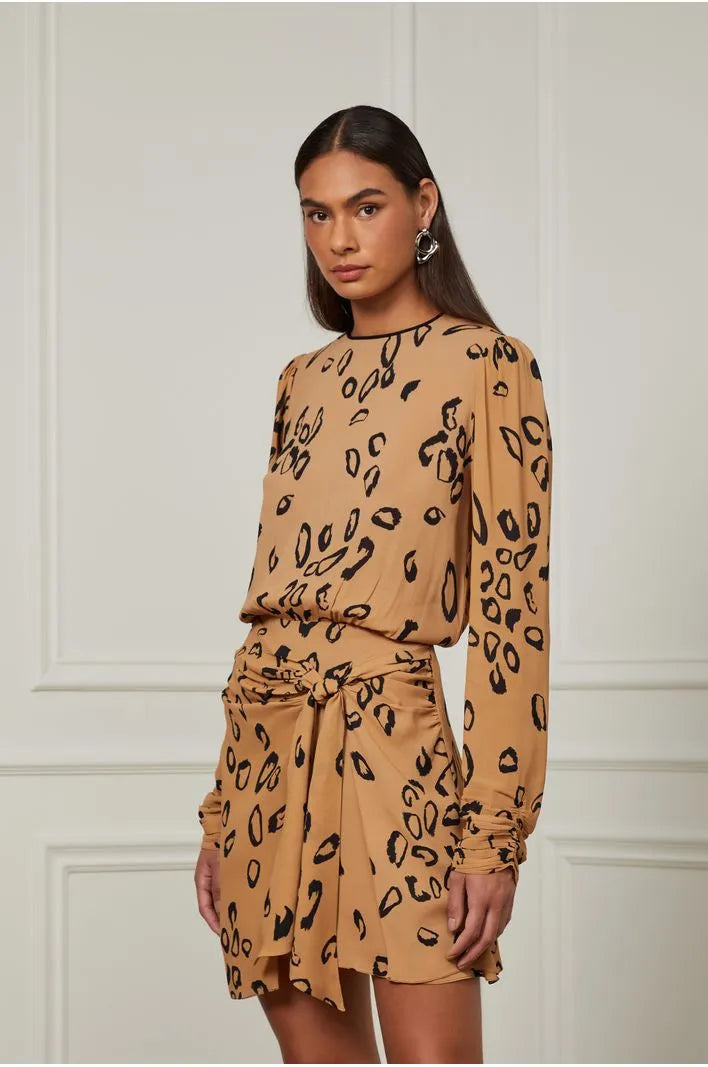 Short Dress With Overlapping Skirt and Tie At The Waist- Leopard Print
