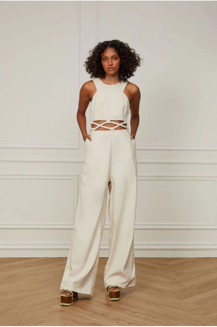 Twill Beige Jumpsuit with Cutouts