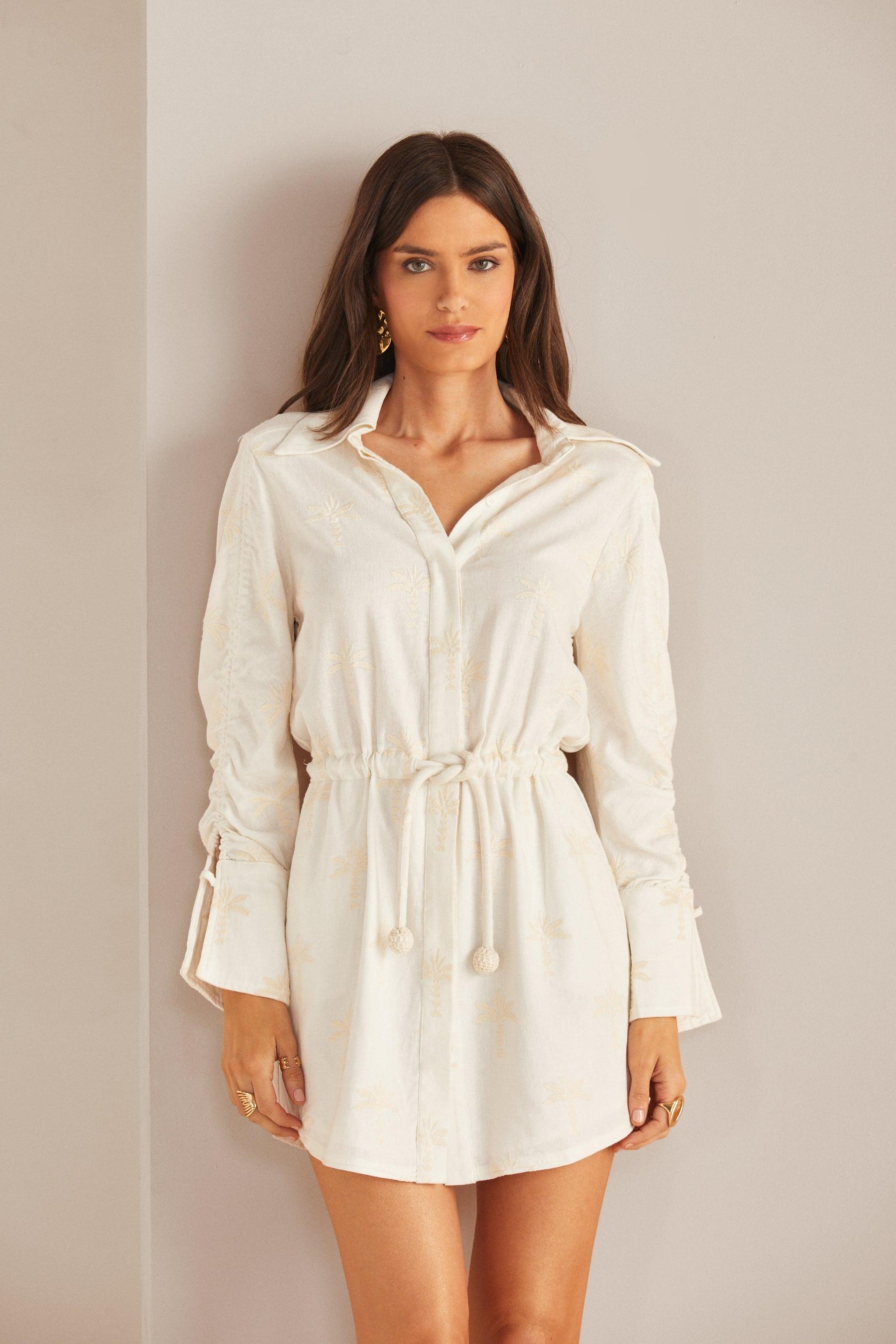 Long Sleeve Embroidered Shirt Dress - Spring in Summer