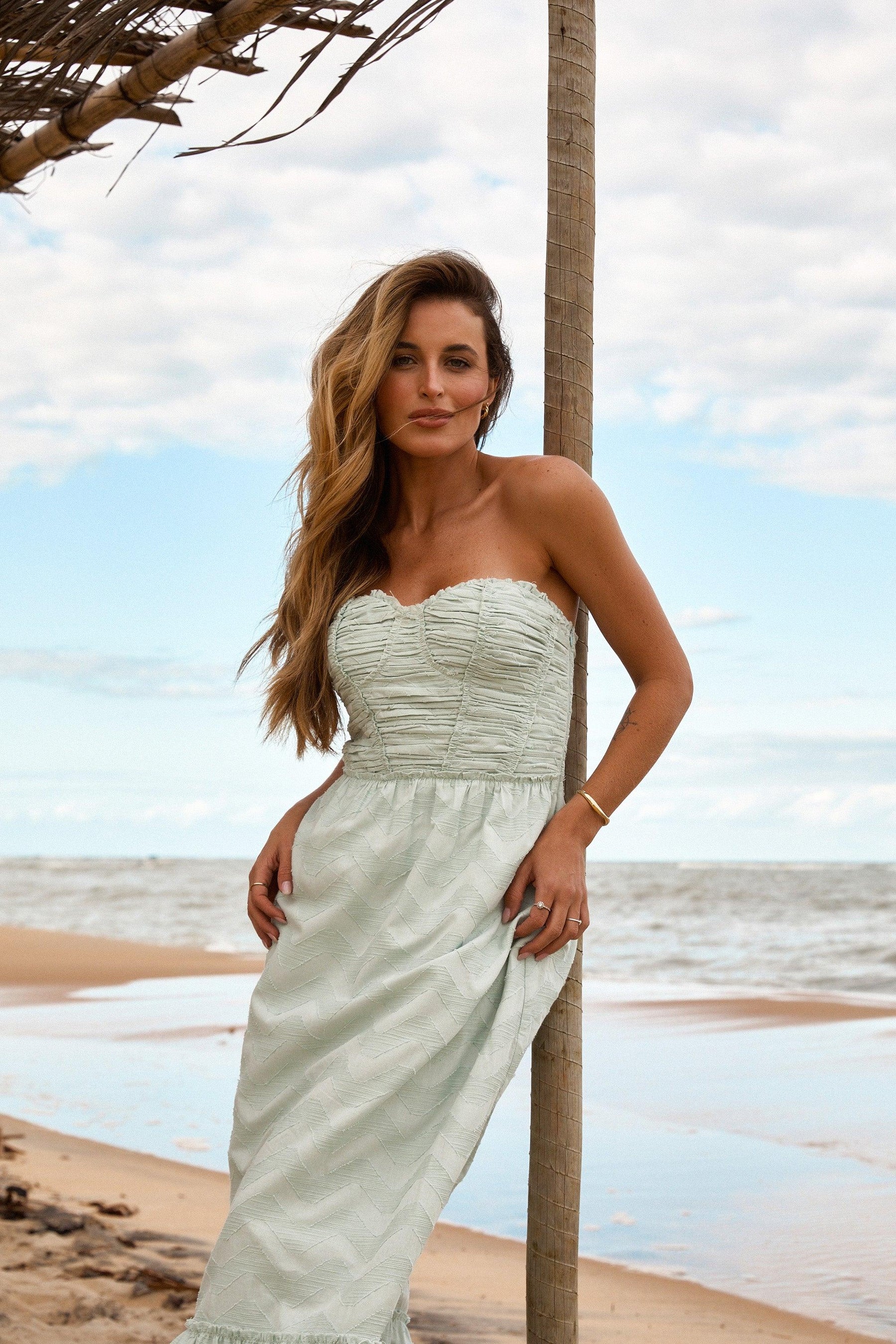 drape geometric ocean blue dress strapless