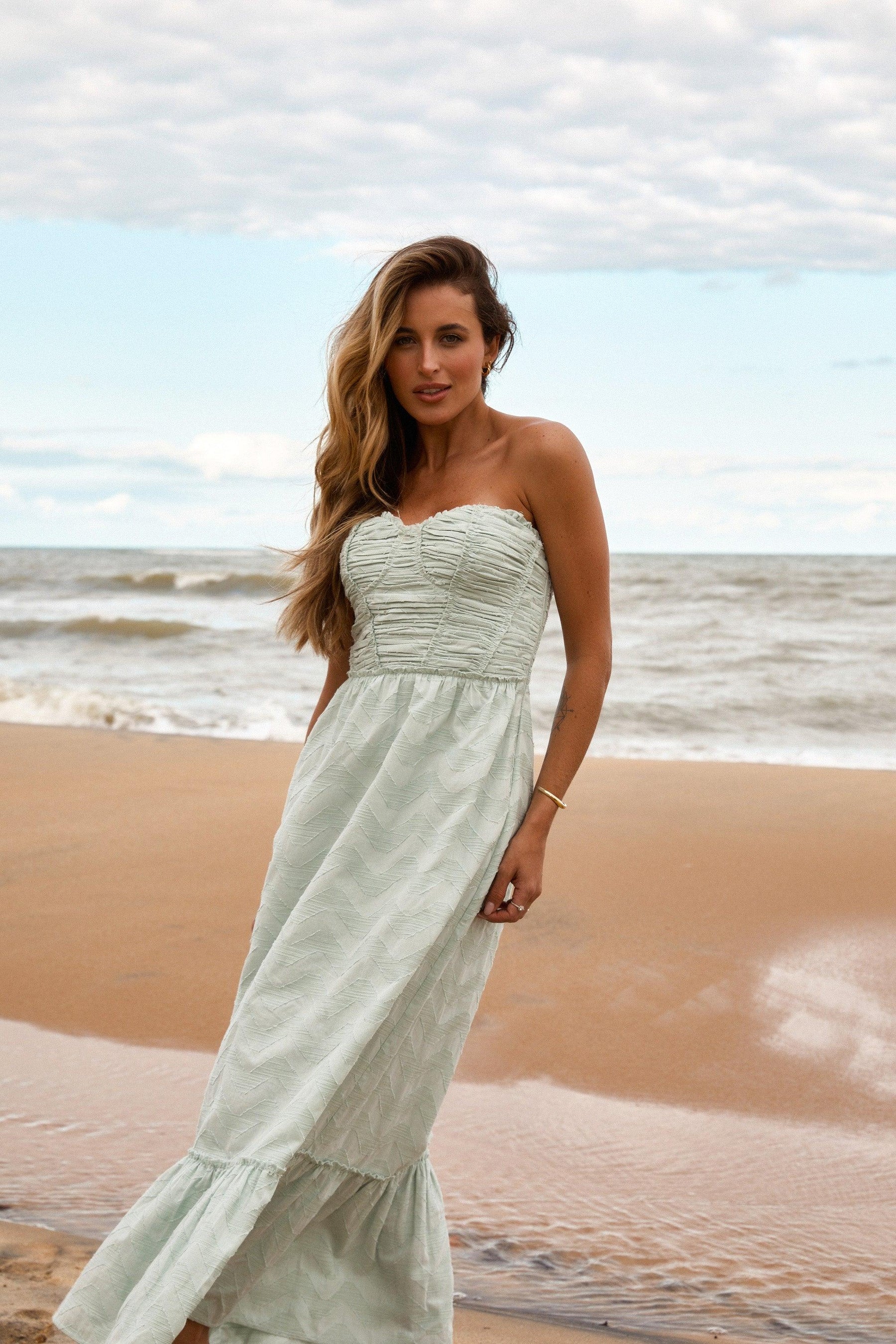 drape geometric ocean blue dress strapless