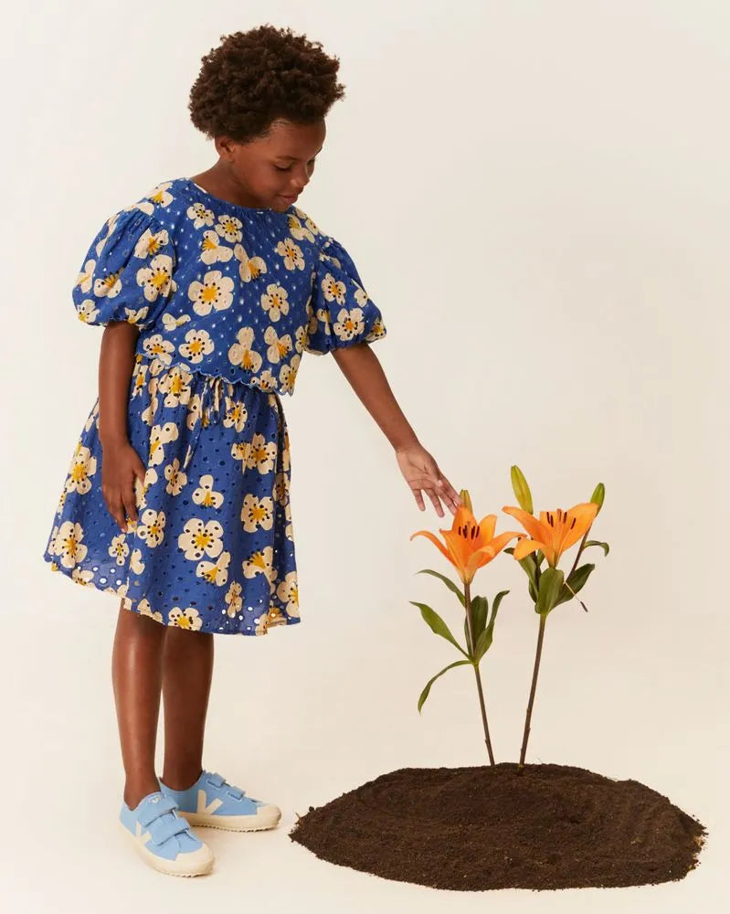 Mini Flower Embroidered Girls Set - Blouse & Skirt