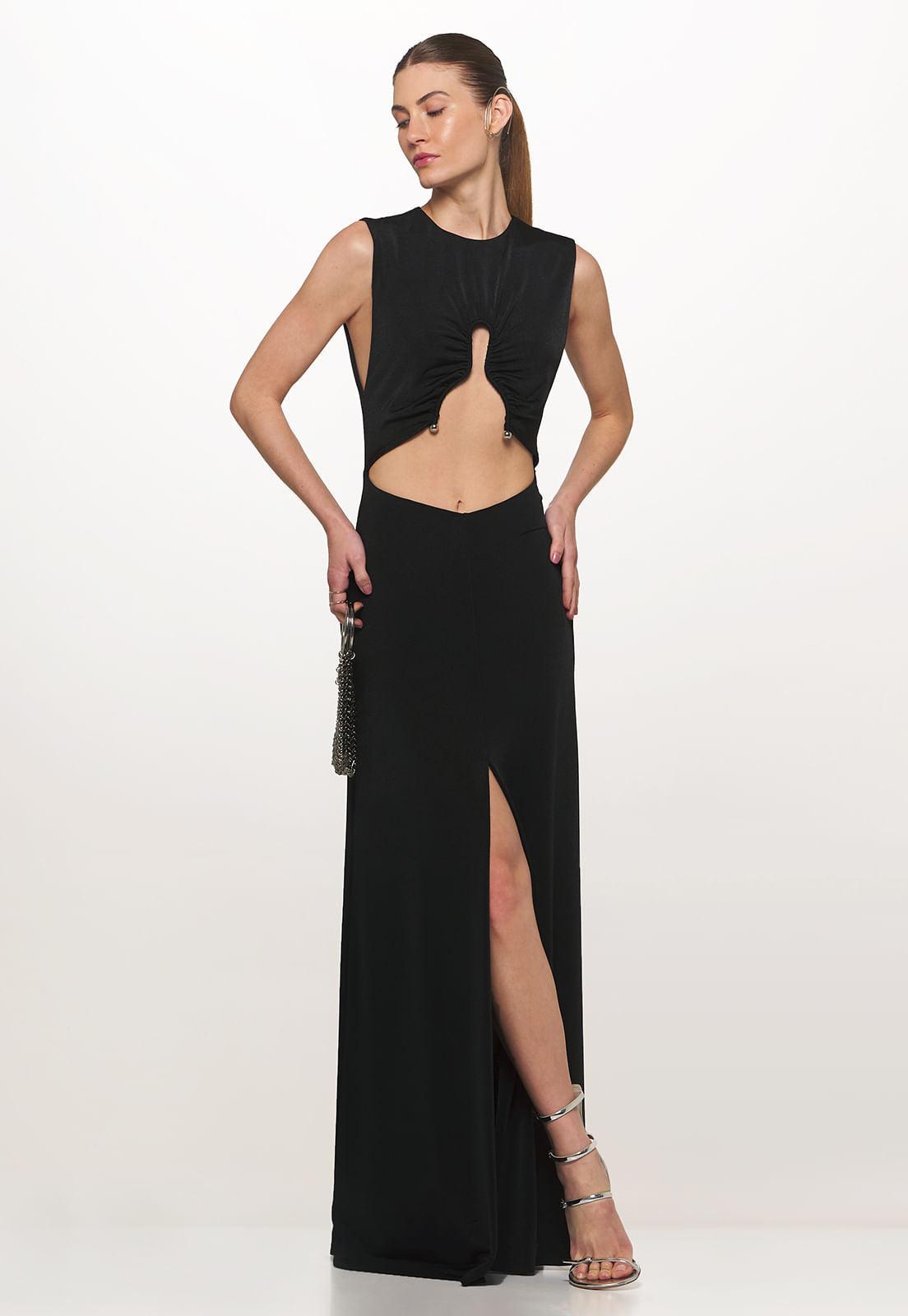 sexy elegant sleeveless long black dress with tummy cutouts and slit