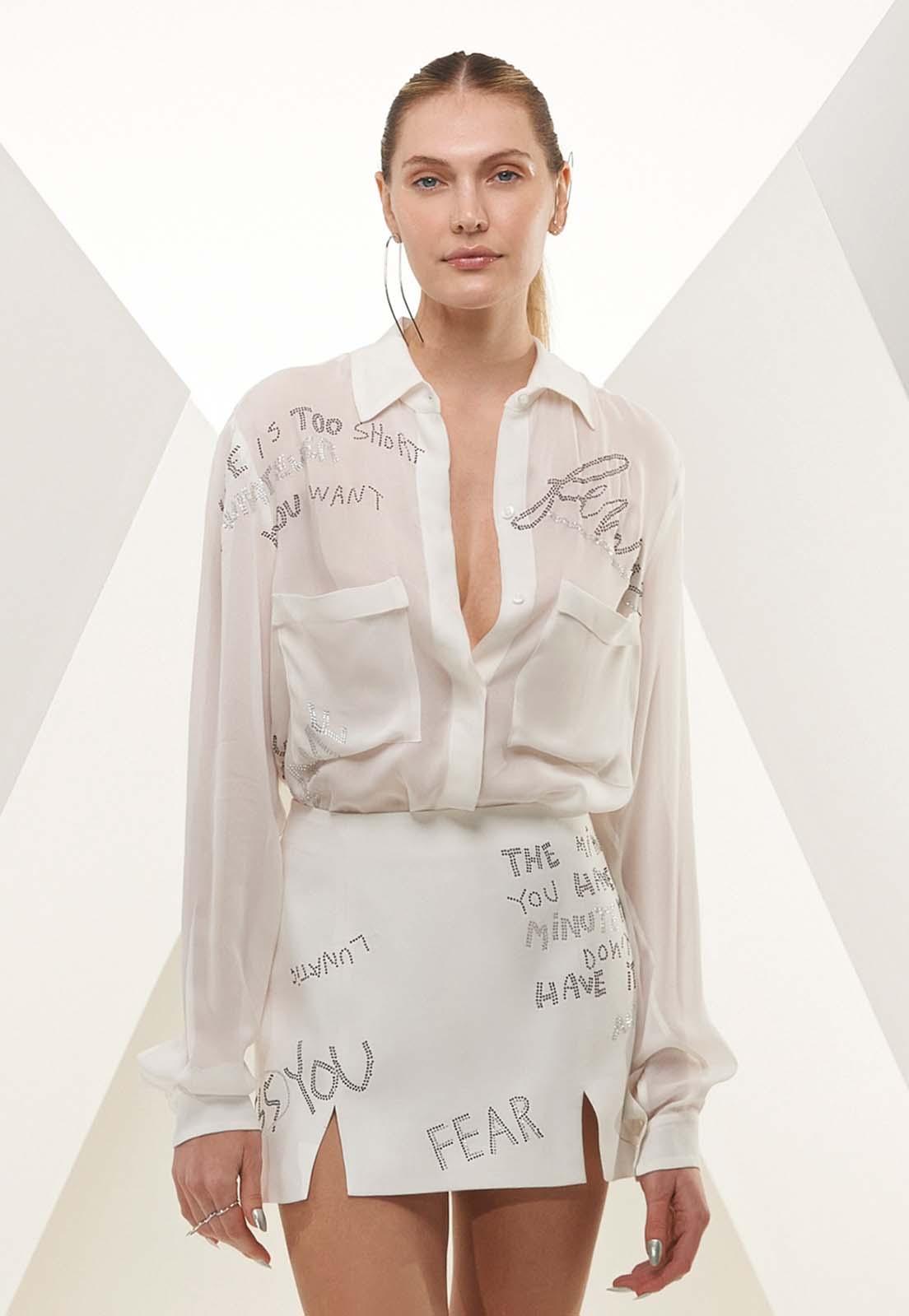 luxury white mini skirt with graffiti transfer beads