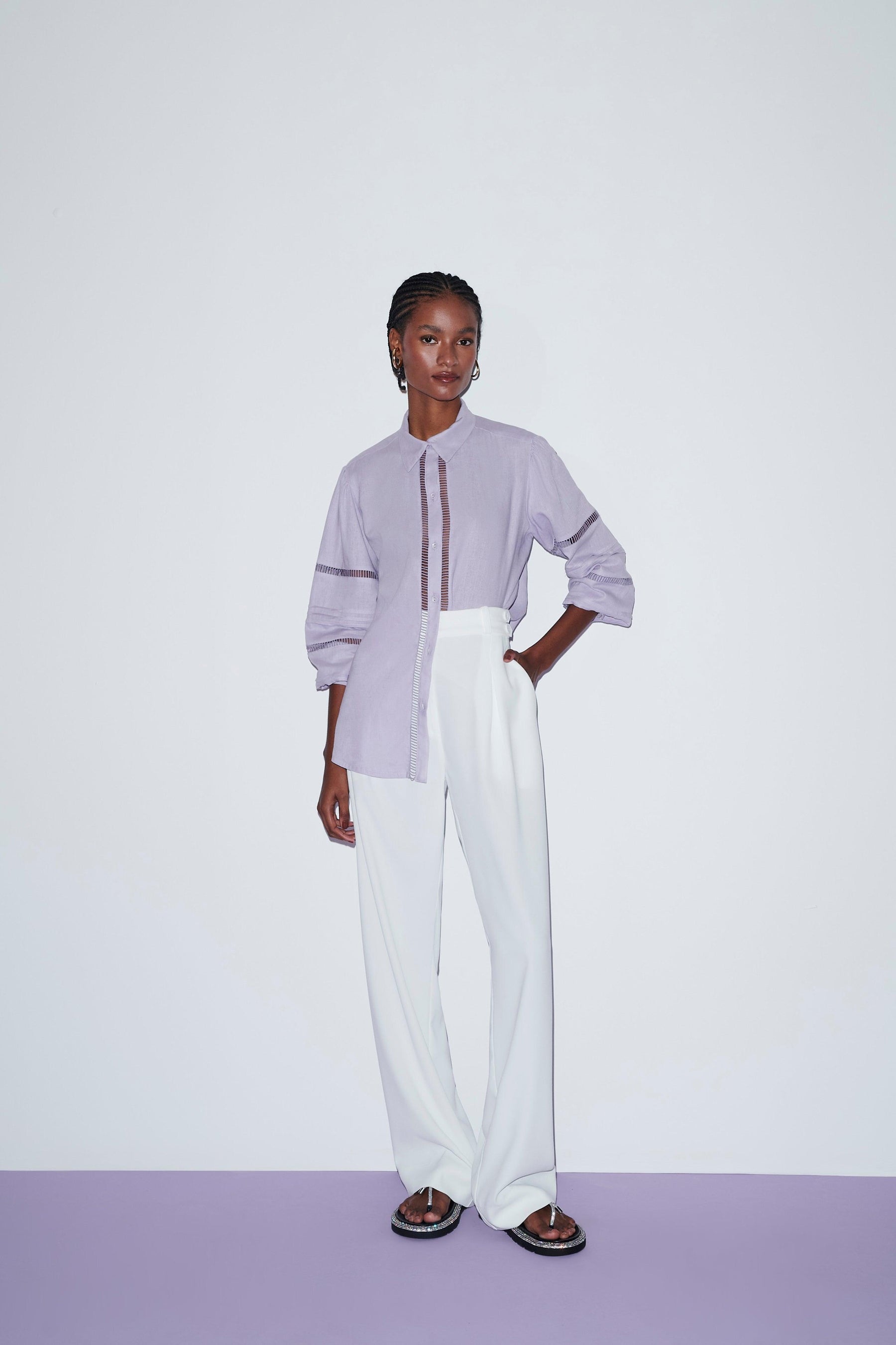 purple Linen Long Sleeve Shirt, designed with cutouts for a trendy twist