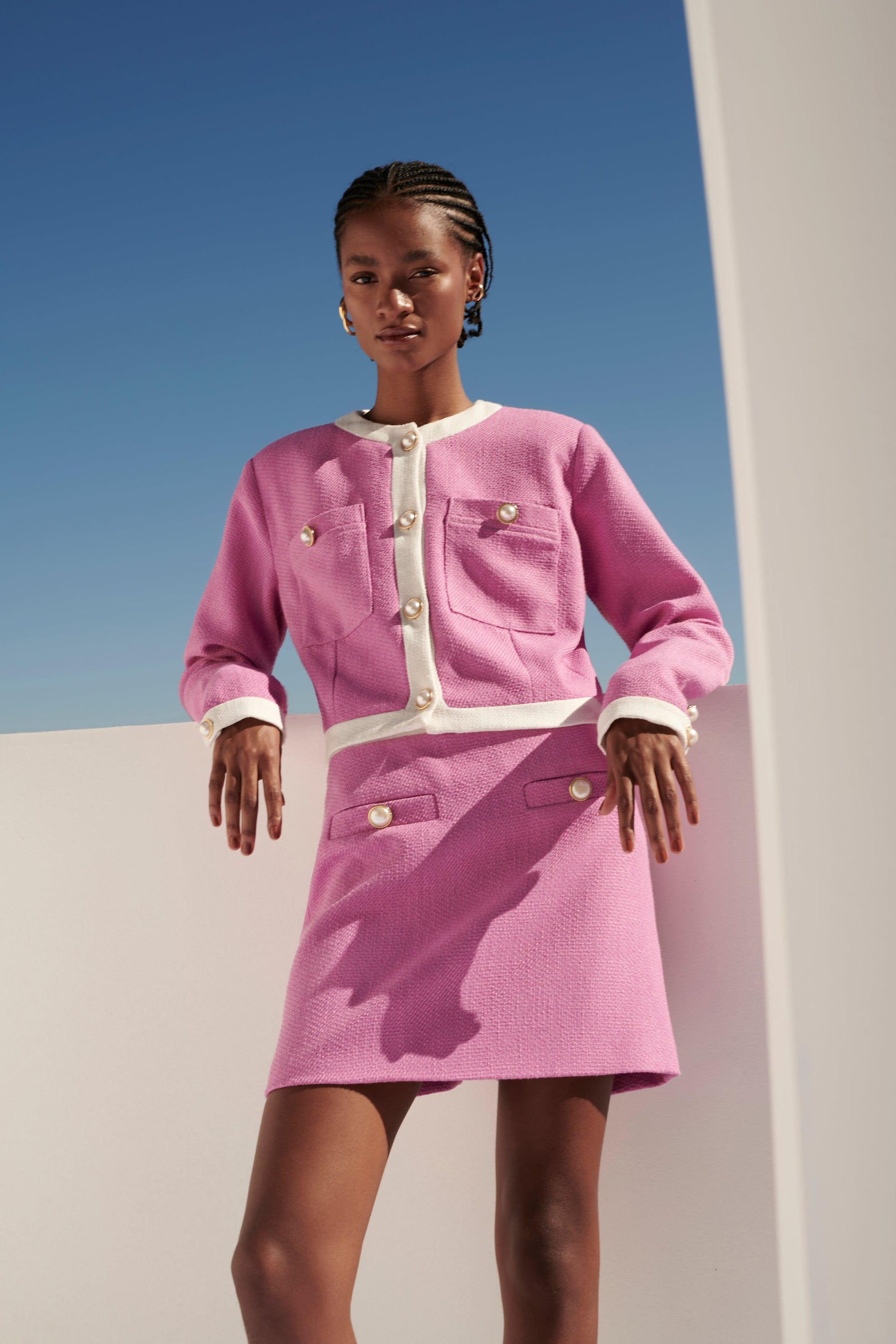 balmain jacket and skirt pink with white and gold buttons