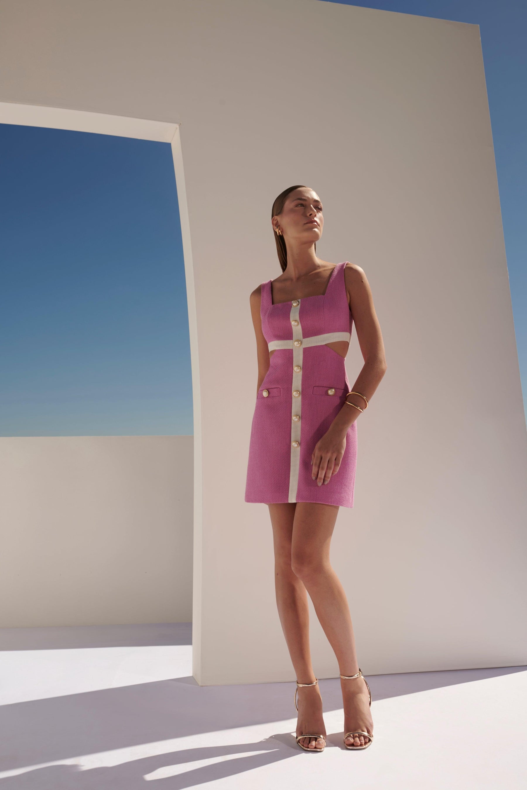 balmain pink dress tweed mini cut out dress gold buttons