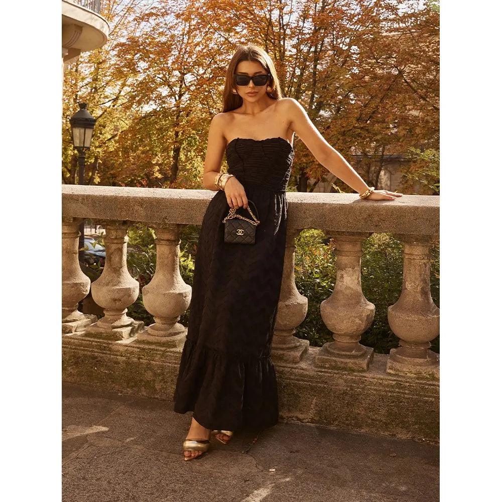 drape geometric black dress strapless