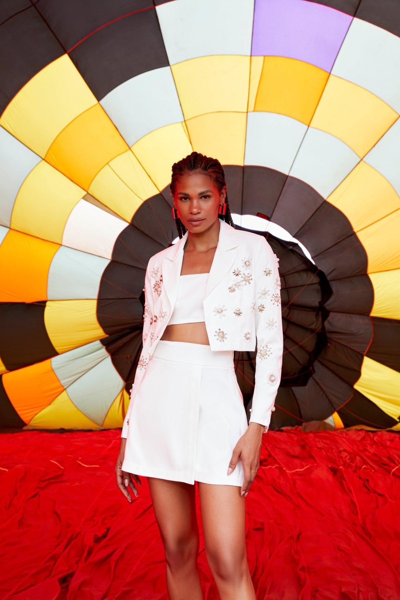 Jaqueline White Set Embelished Blazer, Crop Top & Skirt - Spring in Summer