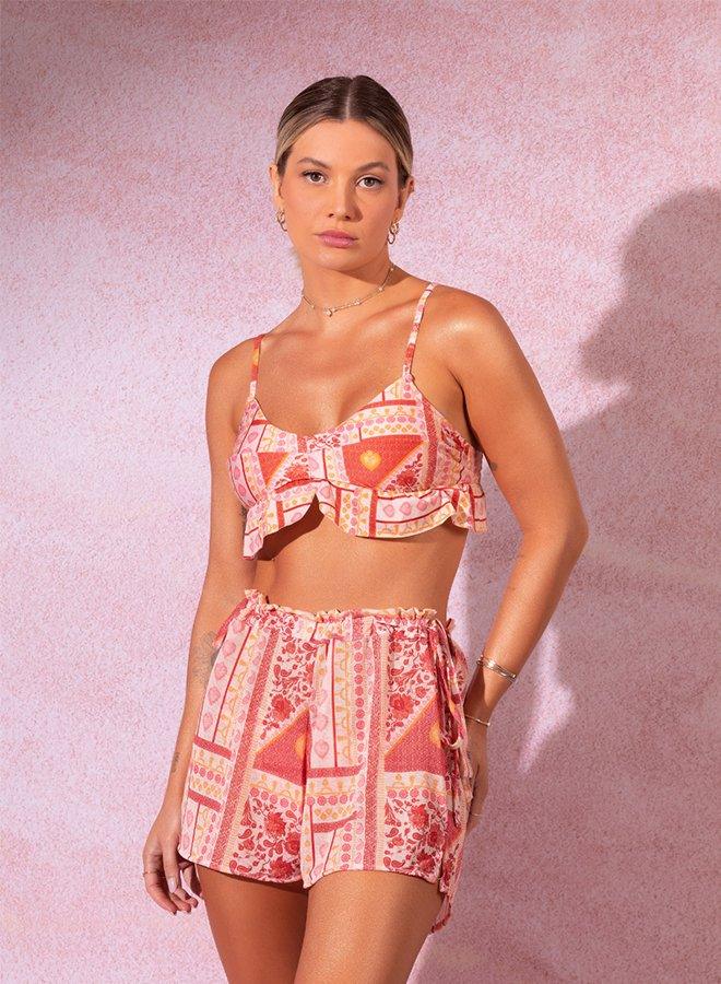 Sheer Orange Beach Shorts/ Cover-up with Floral Print - Spring in Summer
