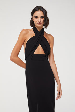 Black Midi Dress With Crossed Neckline