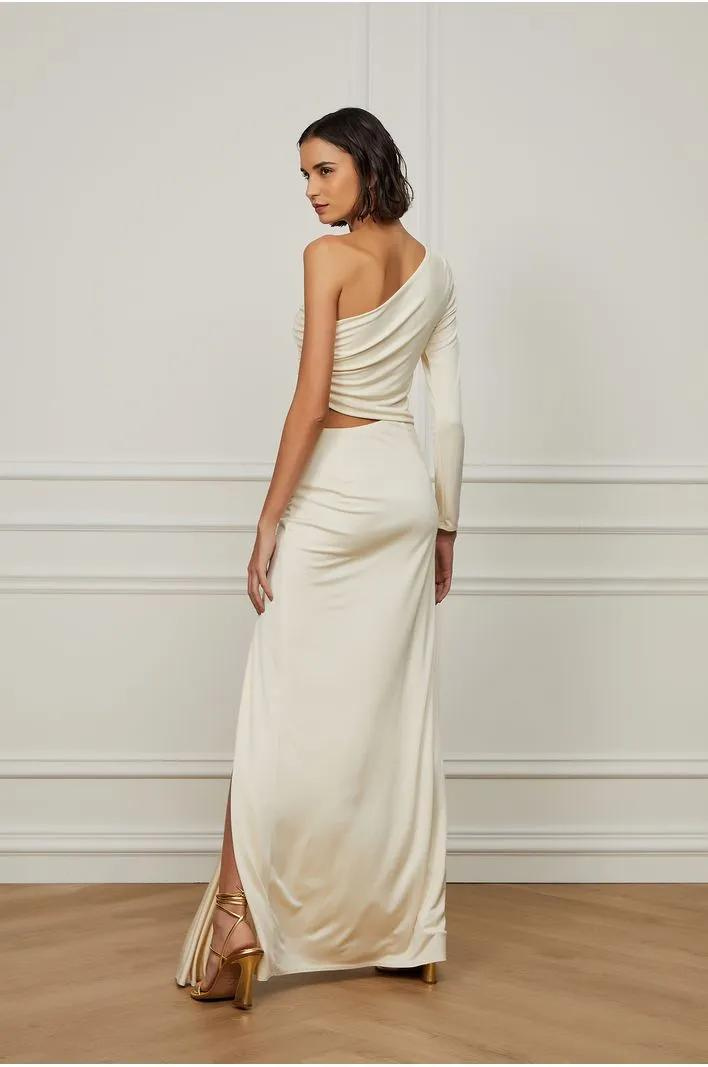 Long Off White One Shoulder Dress With Twists