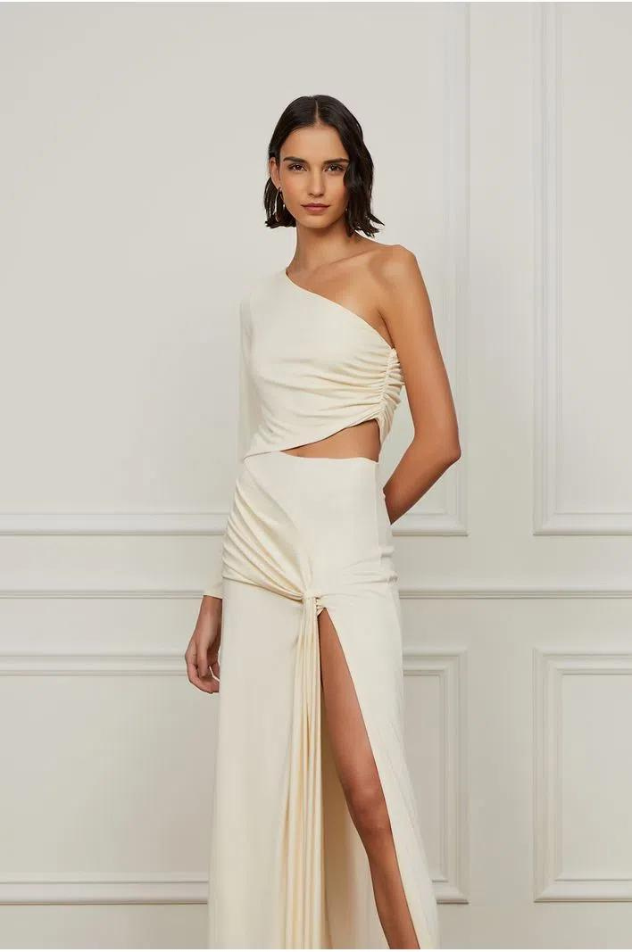 Long Off White One Shoulder Dress With Twists
