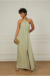Long Green Yura Halter Dress With Metal On The Neck