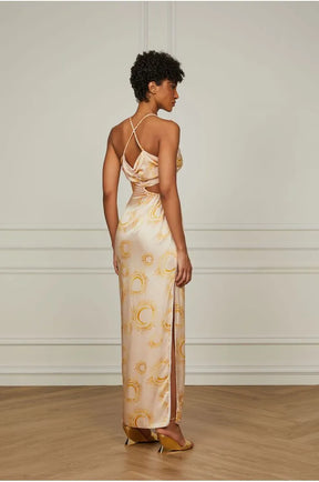 Long Printed Silk Dress With Open Back