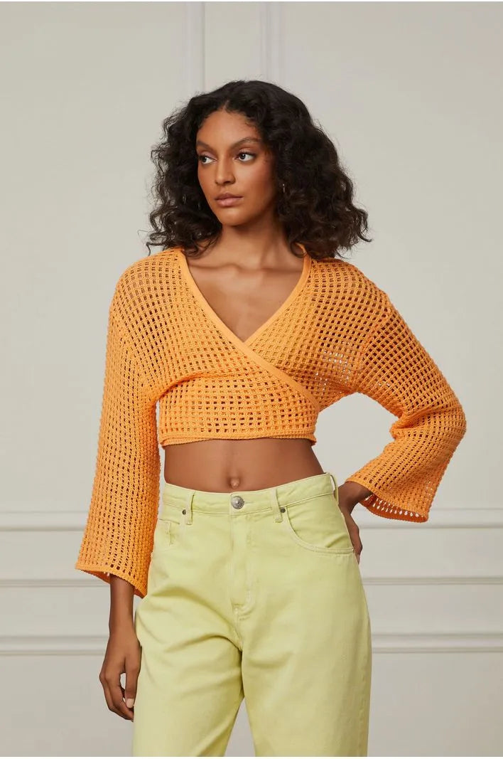 Knitted Fabric Wrap Orange Blouse