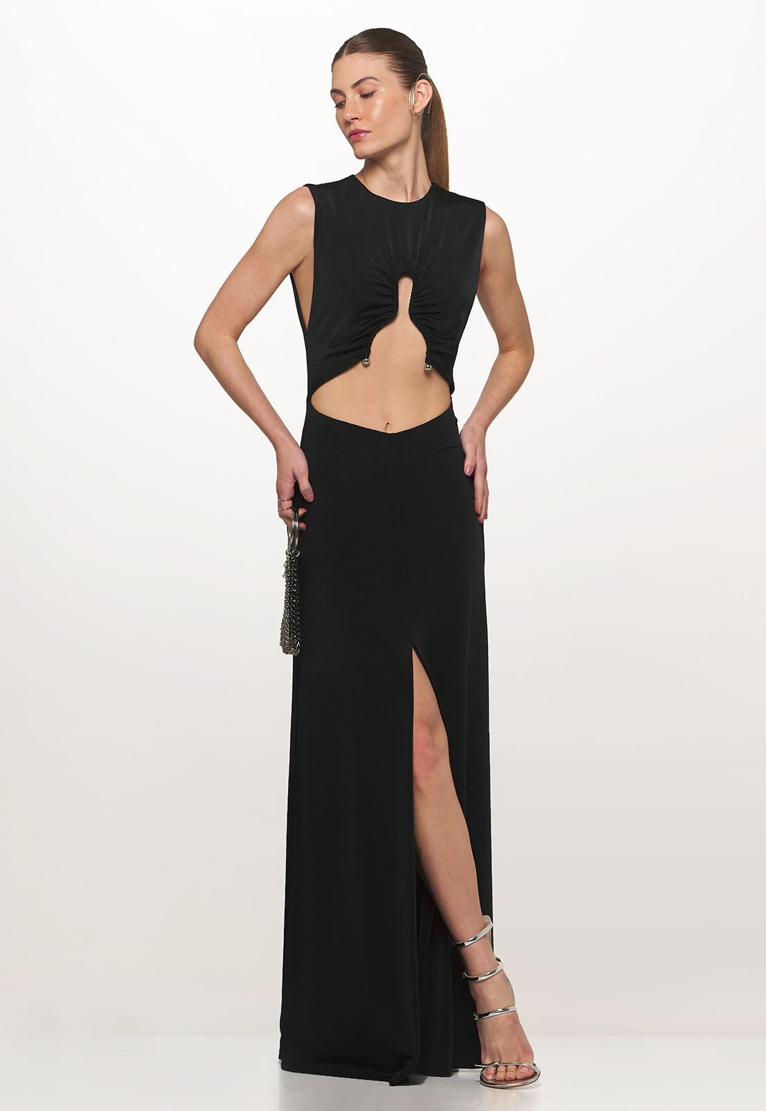 sexy elegant sleeveless long black dress with tummy cutouts and slit 