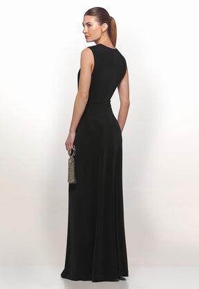 sexy elegant sleeveless long black dress with tummy cutouts and slit 