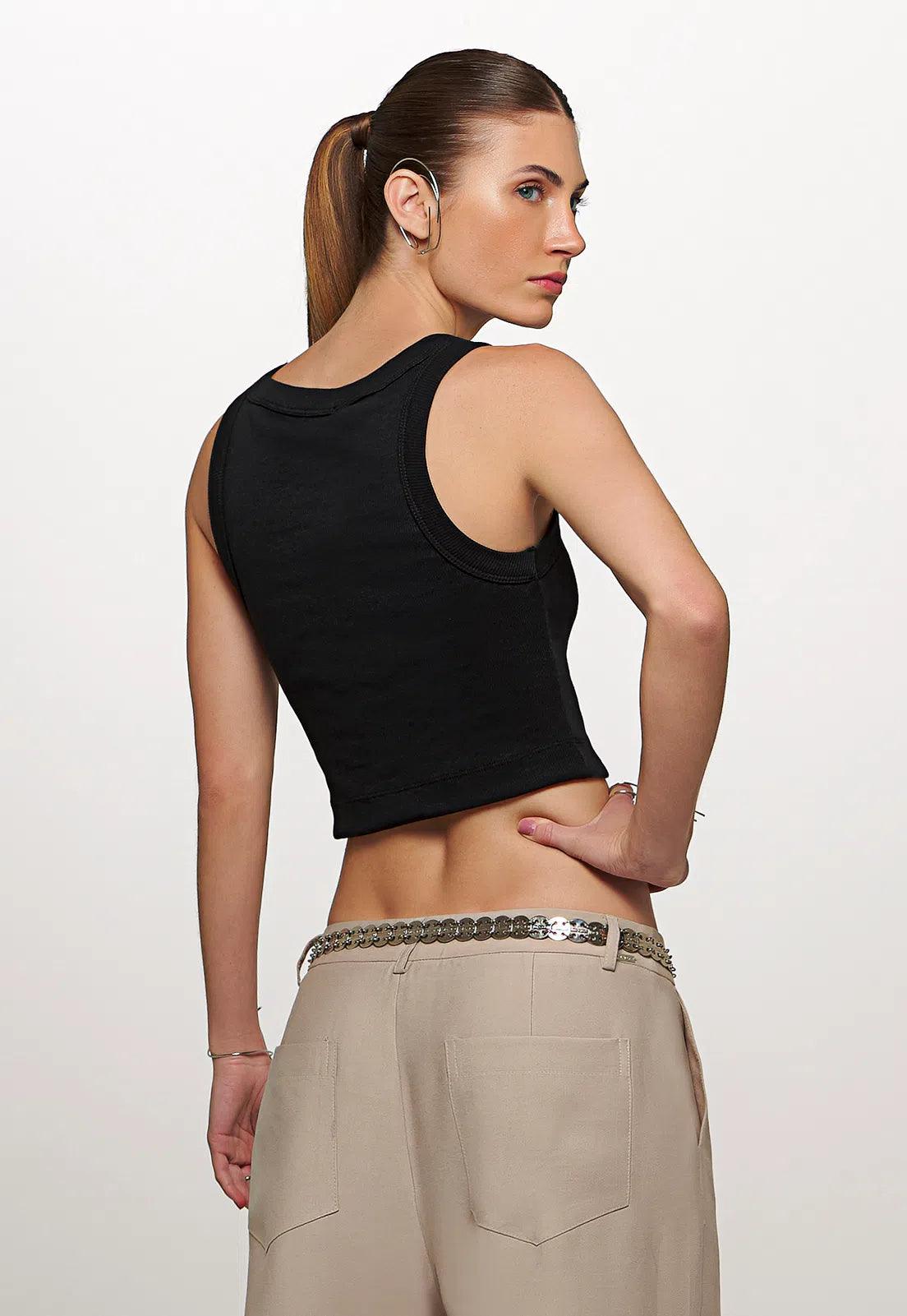 Ribbed Knit Crop Top with Leather Plaque - Spring in Summer