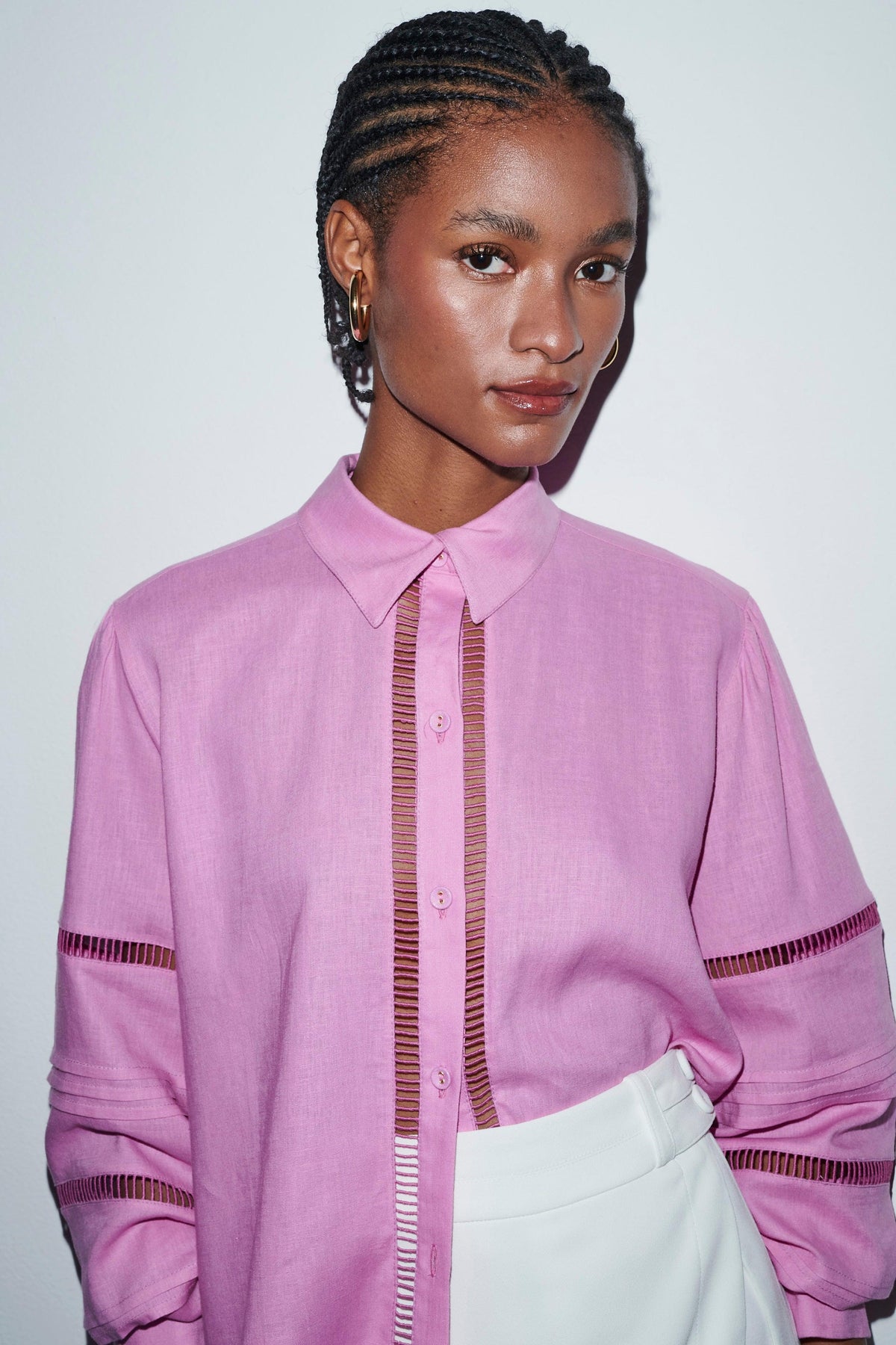 Linen Long Sleeve Shirt, designed with cutouts for a trendy twist Pink