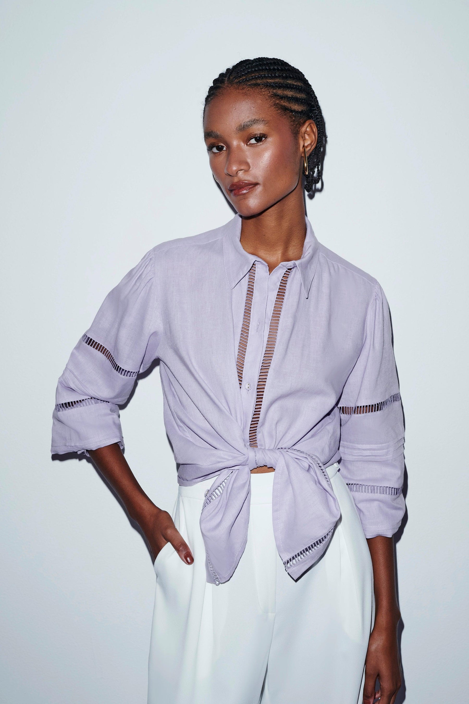 purple Linen Long Sleeve Shirt, designed with cutouts for a trendy twist