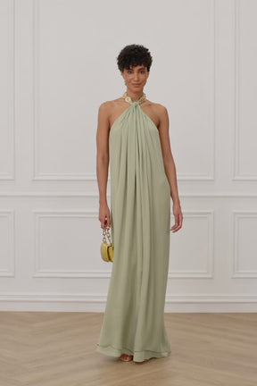 Long Green Yura Halter Dress With Metal On The Neck