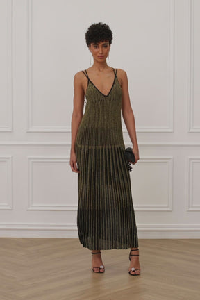 Long Knit Dress With Vertical Stripes Lurex Gold