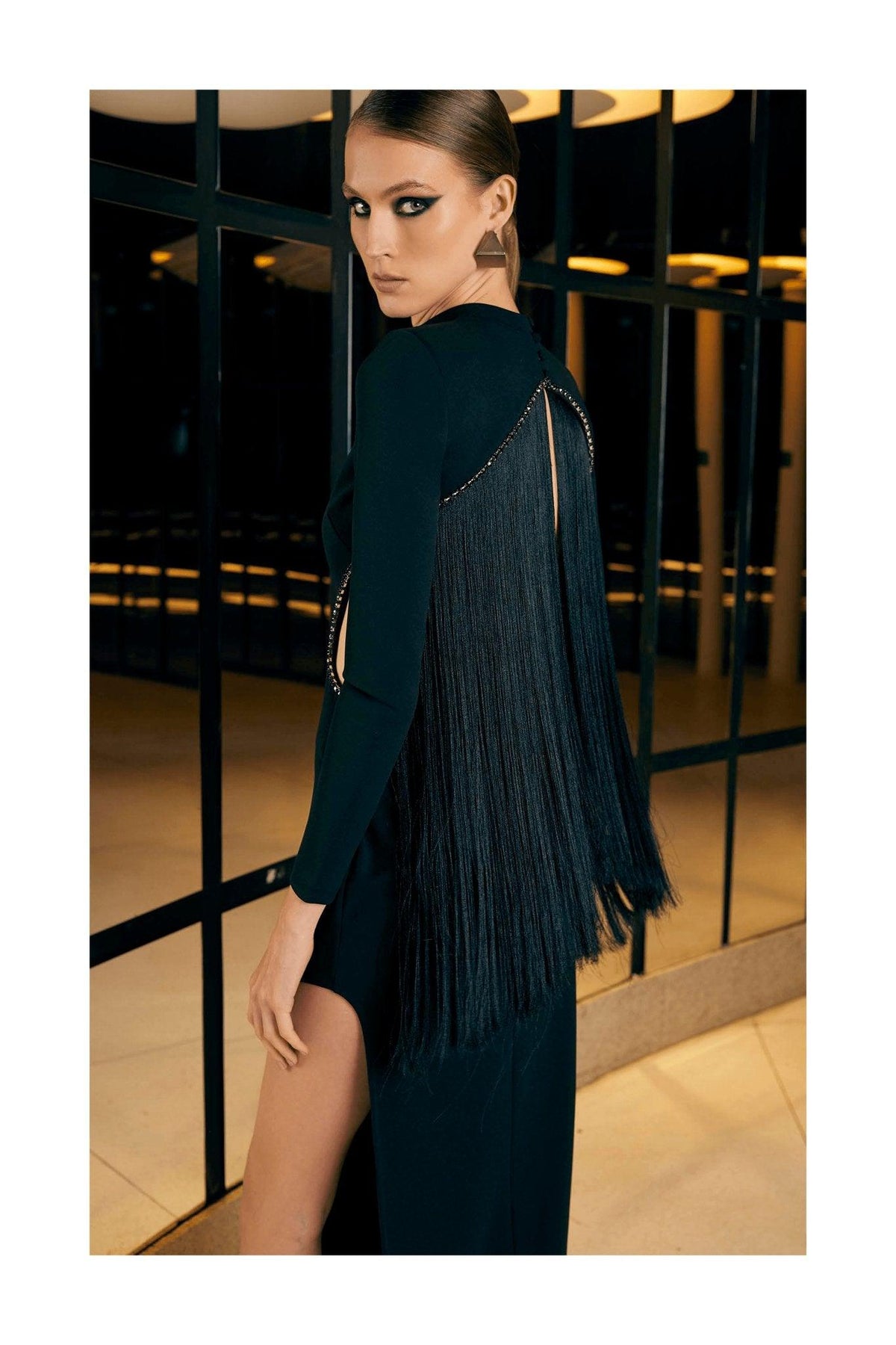 Long Black Dress With Cutouts, Open Back & Fringes - Spring in Summer