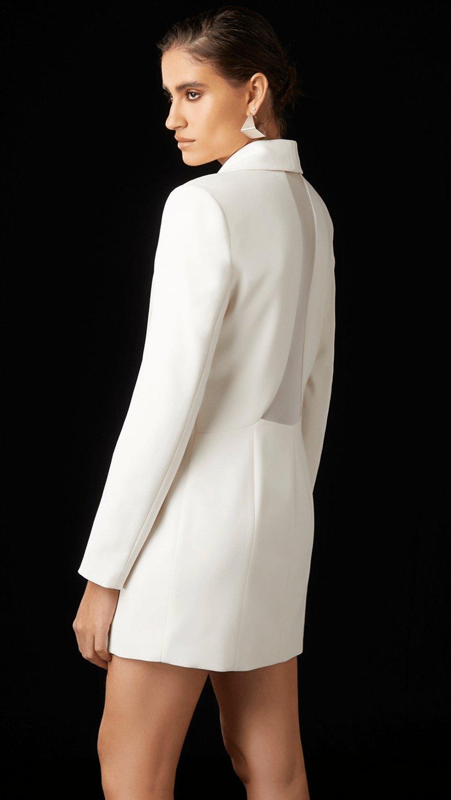 white off the shoulder blazer dress Off White Blazer Dress with Rhinestone Round Buttons