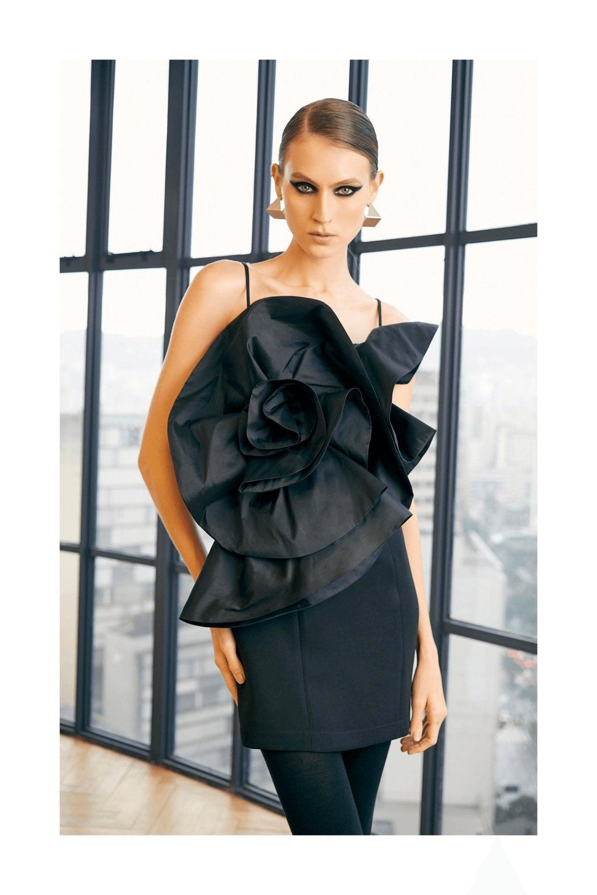 Short Black Dress with 3D Flower Embellishment - Spring in Summer