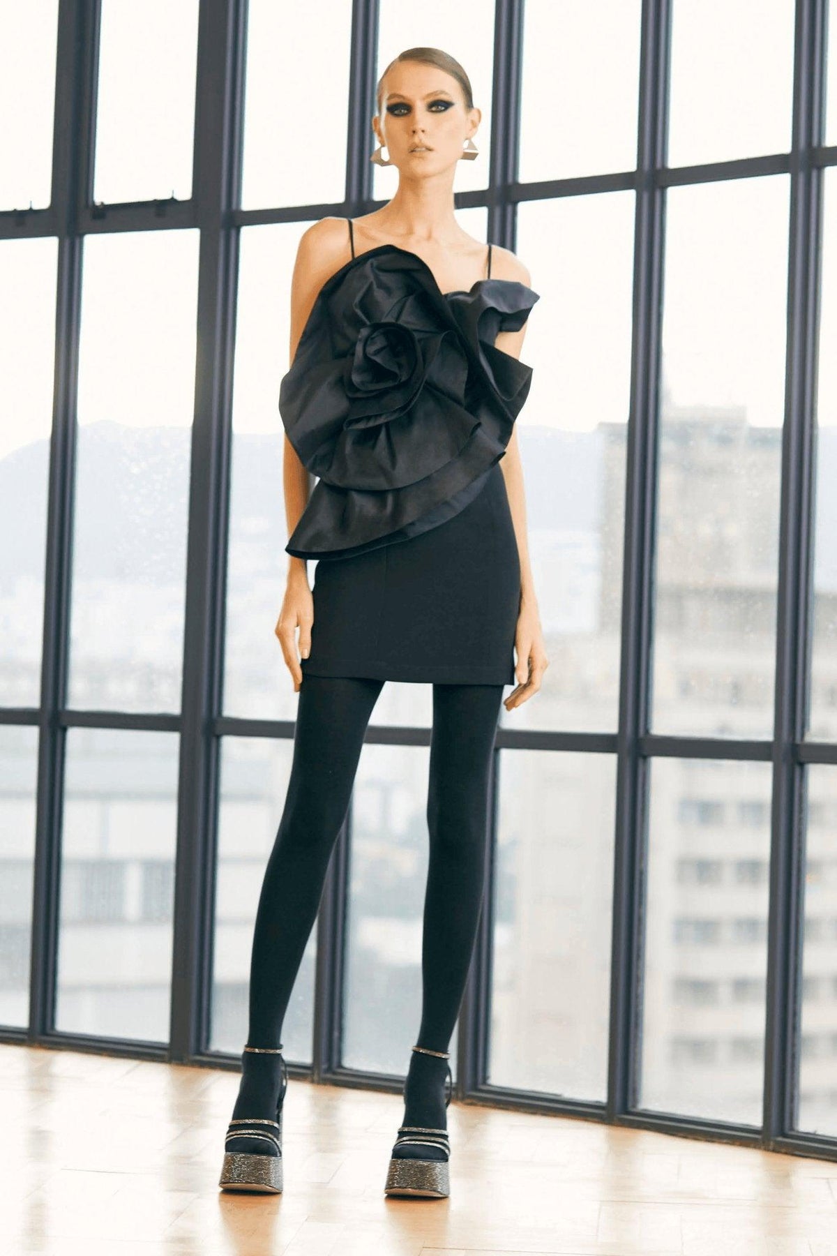 Short Black Dress with 3D Flower Embellishment - Spring in Summer